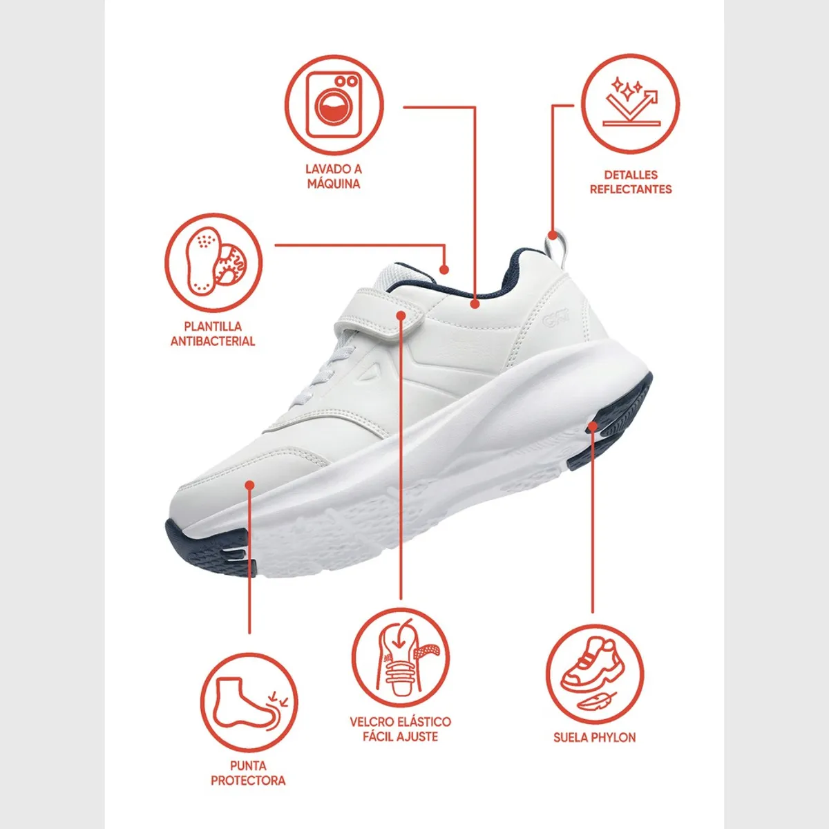 COLLOKY - Zapatilla Escolar Deportiva Blanca con Velcro Elástico