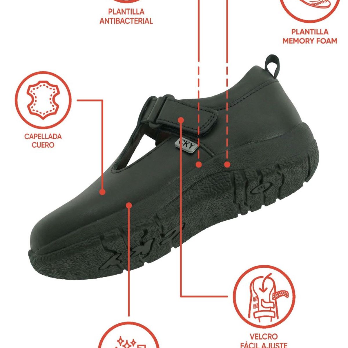 COLLOKY - Zapato Escolar Negro con Velcro y Plantilla de Cuero con Memory Foam