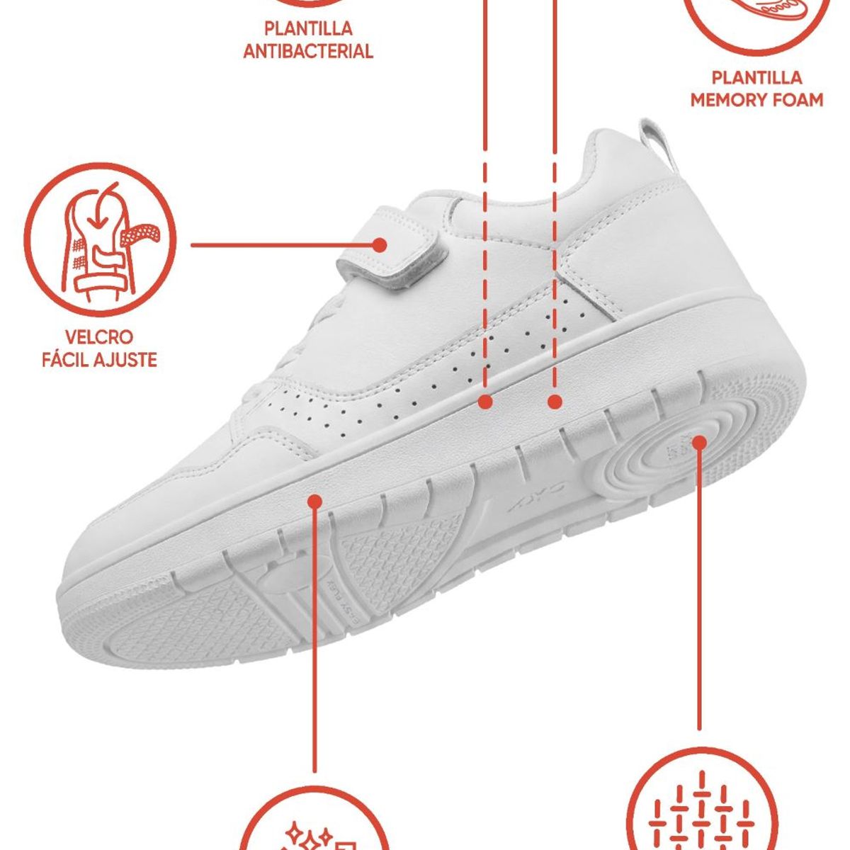 COLLOKY - Zapatilla Escolar Blanca con Velcro Elástico y Memory Foam