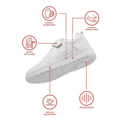 Imagen 2 del producto Zapatilla Escolar Blanca con Velcro Elástico y Memory Foam