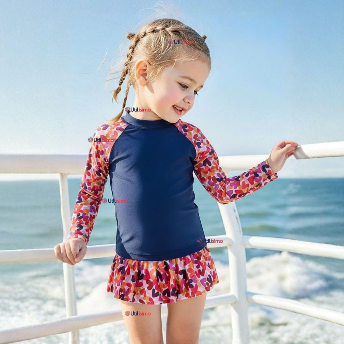 JUMP KIDS - Traje De Baño Manga Larga Estilo Tankini Con Falda Niña 2 a 7 años Happy Hearts