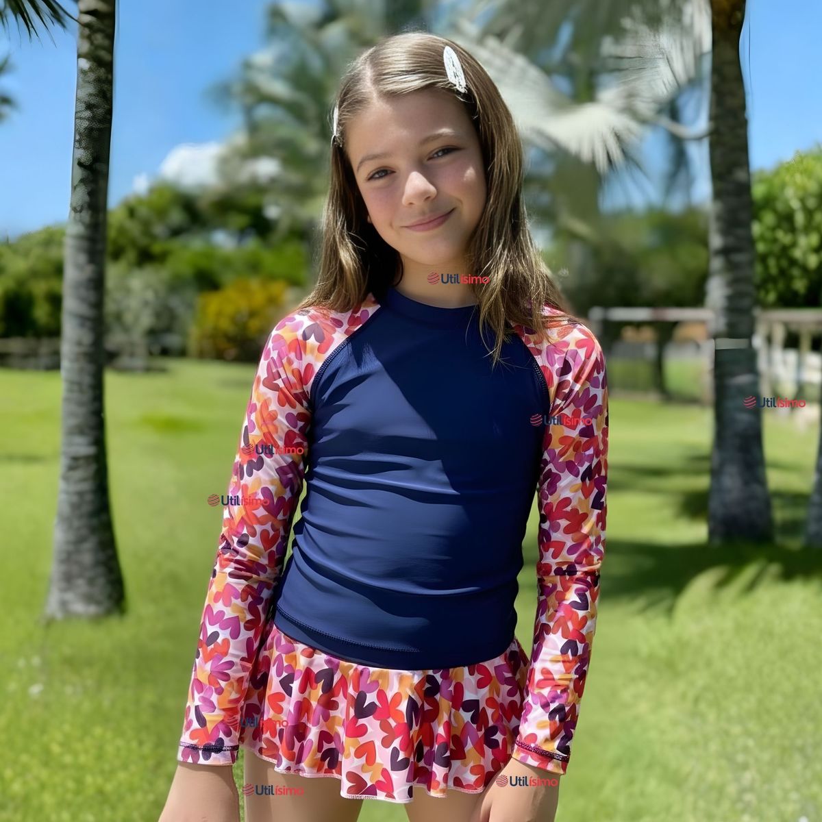 JUMP KIDS - Traje De Baño Manga Larga Estilo Tankini Con Falda Niña 2 a 7 años Happy Hearts