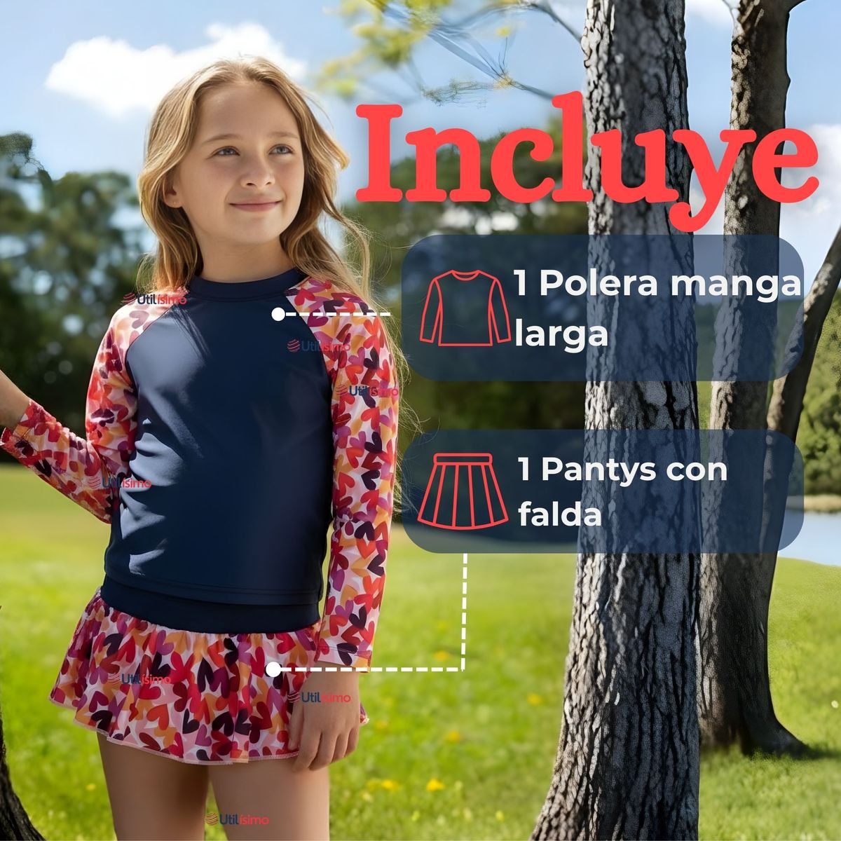 JUMP KIDS - Traje De Baño Manga Larga Estilo Tankini Con Falda Niña 2 a 7 años Happy Hearts