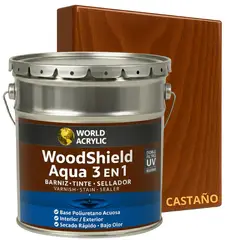 WORLD ACRYLIC - BARNIZ 3 EN 1 - WOODSHIELD AQUA - TINETA 4G - CASTAÑO