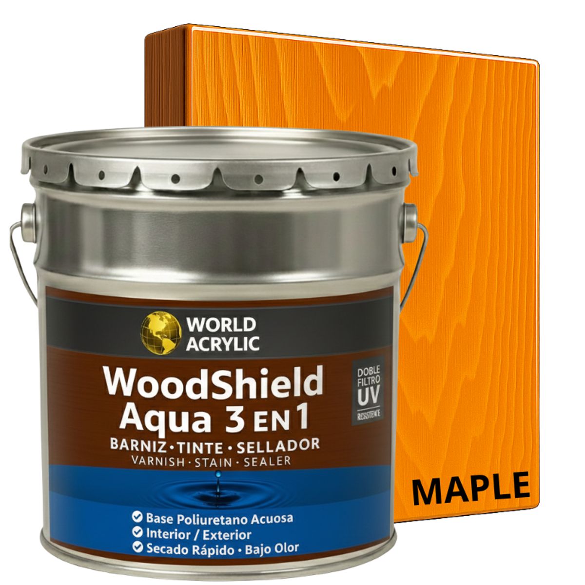 BARNIZ 3 EN 1 - WOODSHIELD AQUA - TINETA 4G - MAPLE, marca WORLD ACRYLIC - Foto Principal