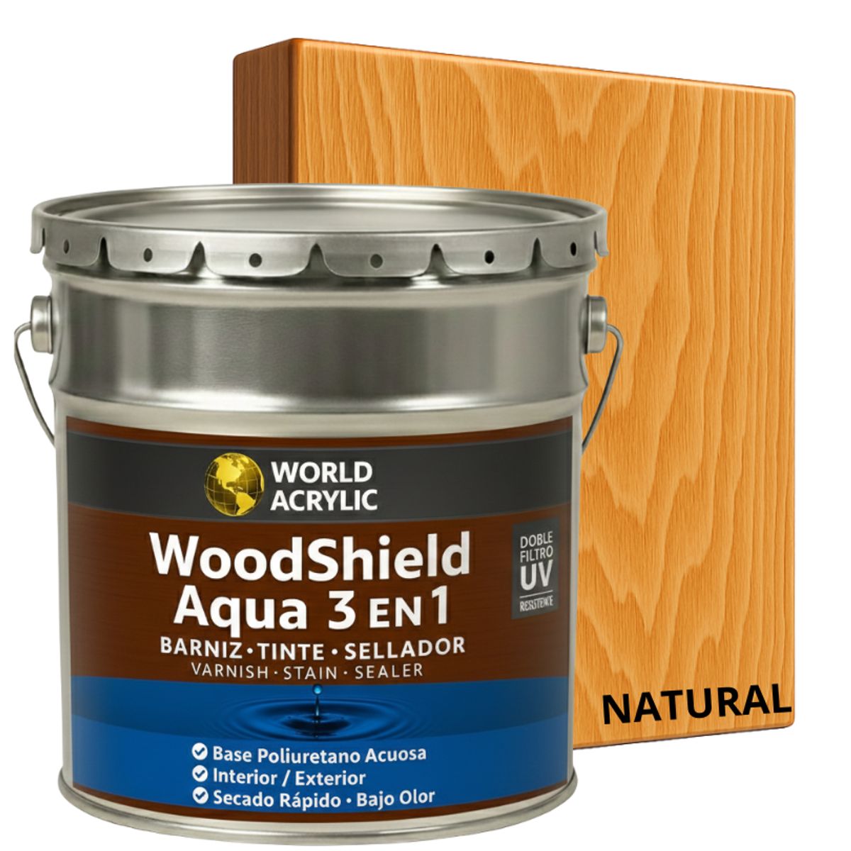 WORLD ACRYLIC - BARNIZ 3 EN 1 - WOODSHIELD AQUA - TINETA 4G - NATURAL