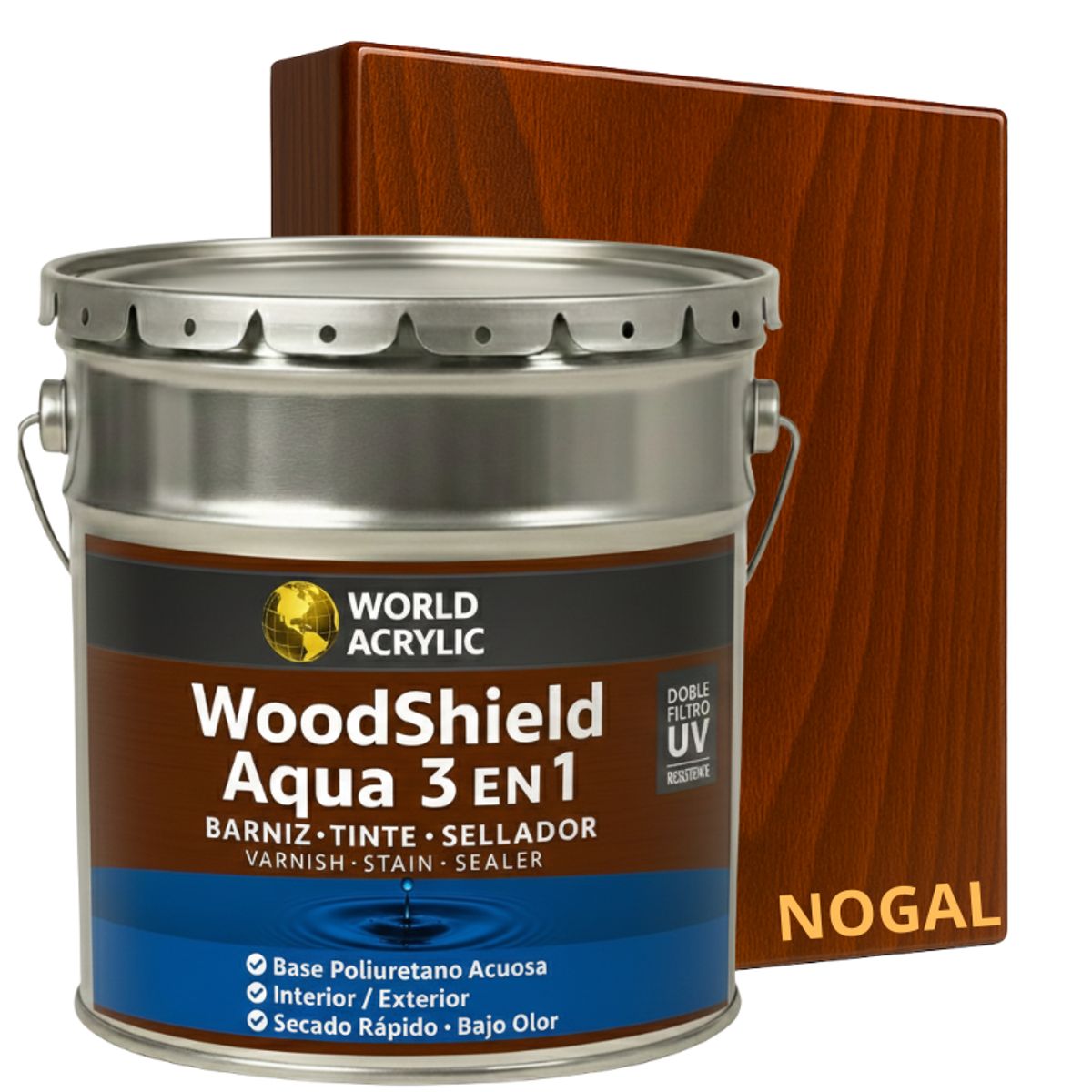 BARNIZ 3 EN 1 - WOODSHIELD AQUA - TINETA 4G - NOGAL, marca WORLD ACRYLIC - Foto Principal