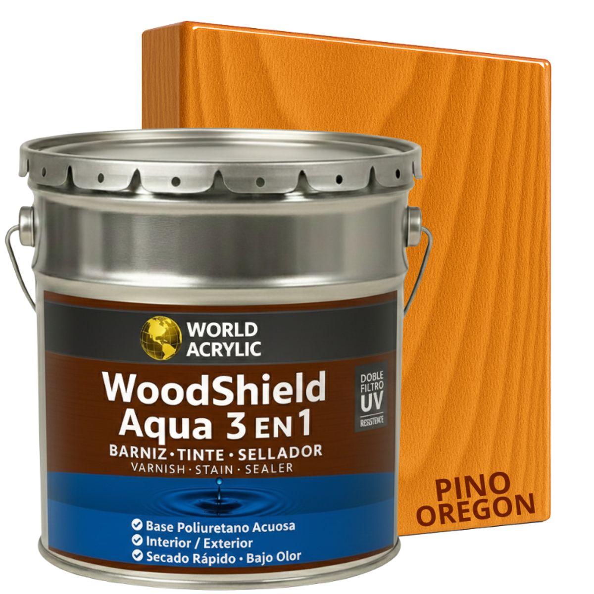 WORLD ACRYLIC - BARNIZ 3 EN 1 - WOODSHIELD AQUA - TINETA 4G - PINO OREGÓN