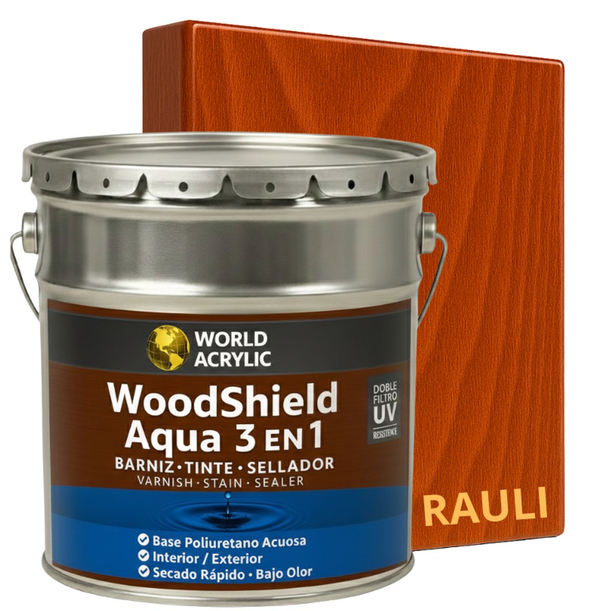 BARNIZ 3 EN 1 - WOODSHIELD AQUA - TINETA 4G - RAULI, marca WORLD ACRYLIC - Foto Principal