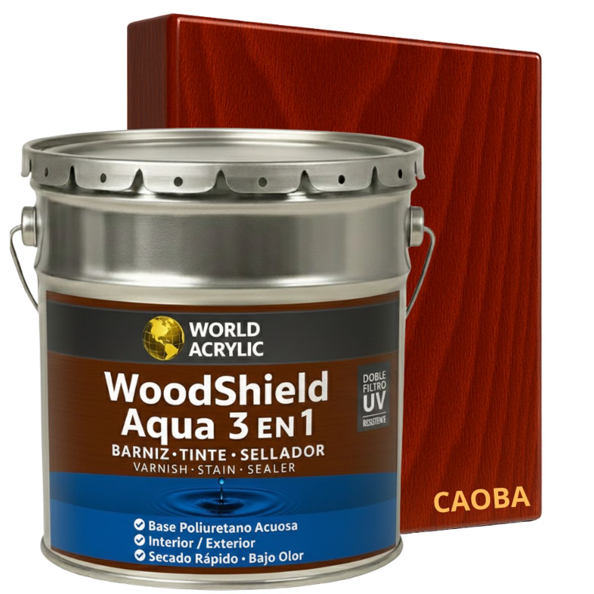 BARNIZ 3 EN 1 - WOODSHIELD AQUA - TINETA 4G - CAOBA, marca WORLD ACRYLIC - Foto Principal