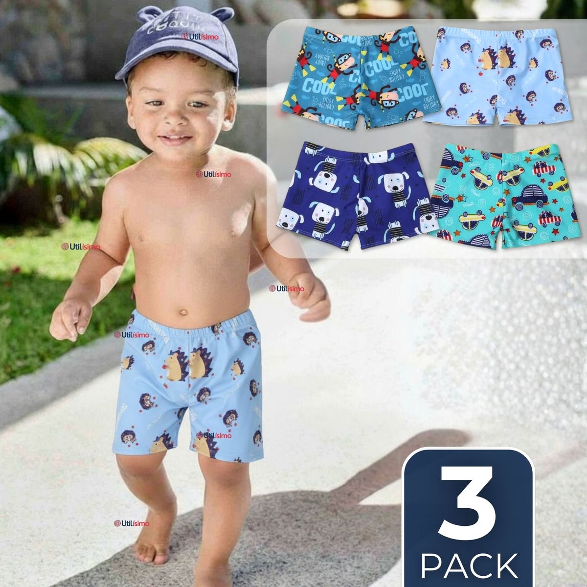 JUMP KIDS - Pack 3 Shorts De Playa Para Niños Traje De Baño Pantalón Corto Diseños Surtidos