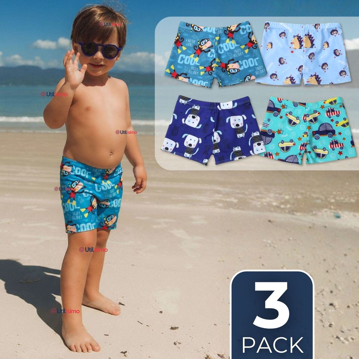 JUMP KIDS - Pack 3 Shorts De Playa Para Niños Traje De Baño Pantalón Corto Diseños Surtidos