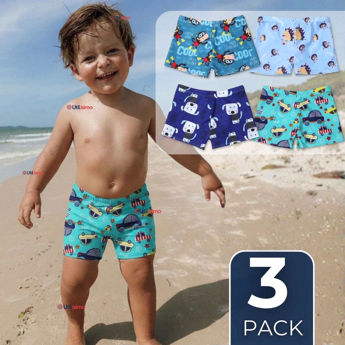 JUMP KIDS - Pack 3 Shorts De Playa Para Niños Traje De Baño Pantalón Corto Diseños Surtidos