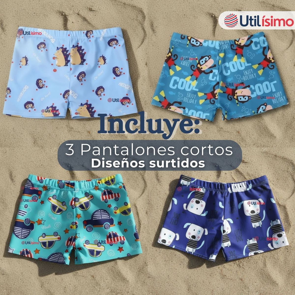 JUMP KIDS - Pack 3 Shorts De Playa Para Niños Traje De Baño Pantalón Corto Diseños Surtidos
