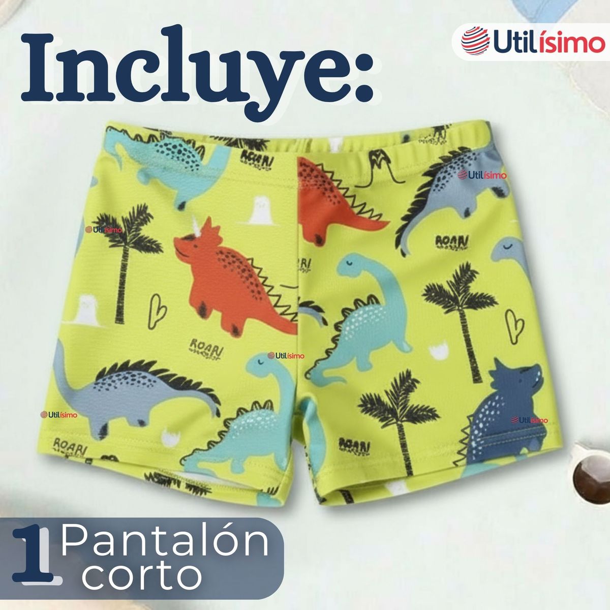 JUMP KIDS - Short De Playa Para Niños Traje De Baño Pantalón Corto Amarillo Dinosaurios