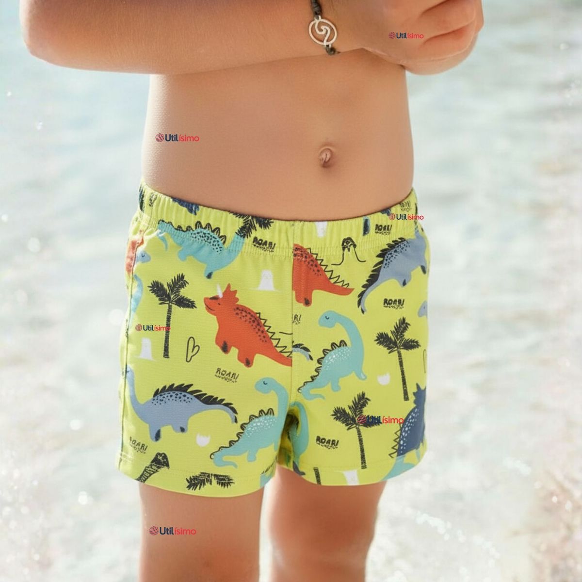 JUMP KIDS - Short De Playa Para Niños Traje De Baño Pantalón Corto Amarillo Dinosaurios