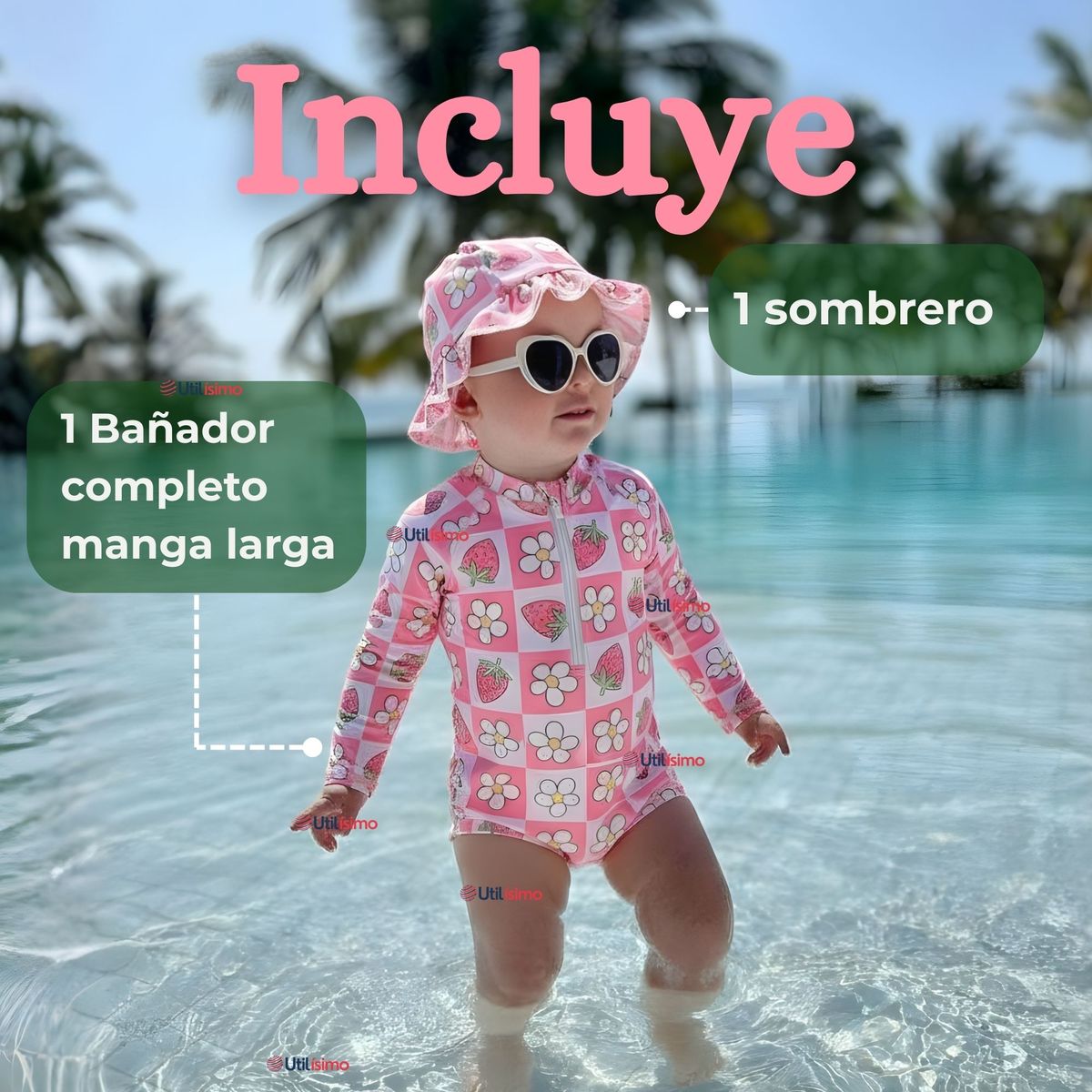 JUMP KIDS - Traje de Baño Enterito Manga Larga Con Gorro 2 Piezas Niña de 9 a 36 Meses Beautiful Baby