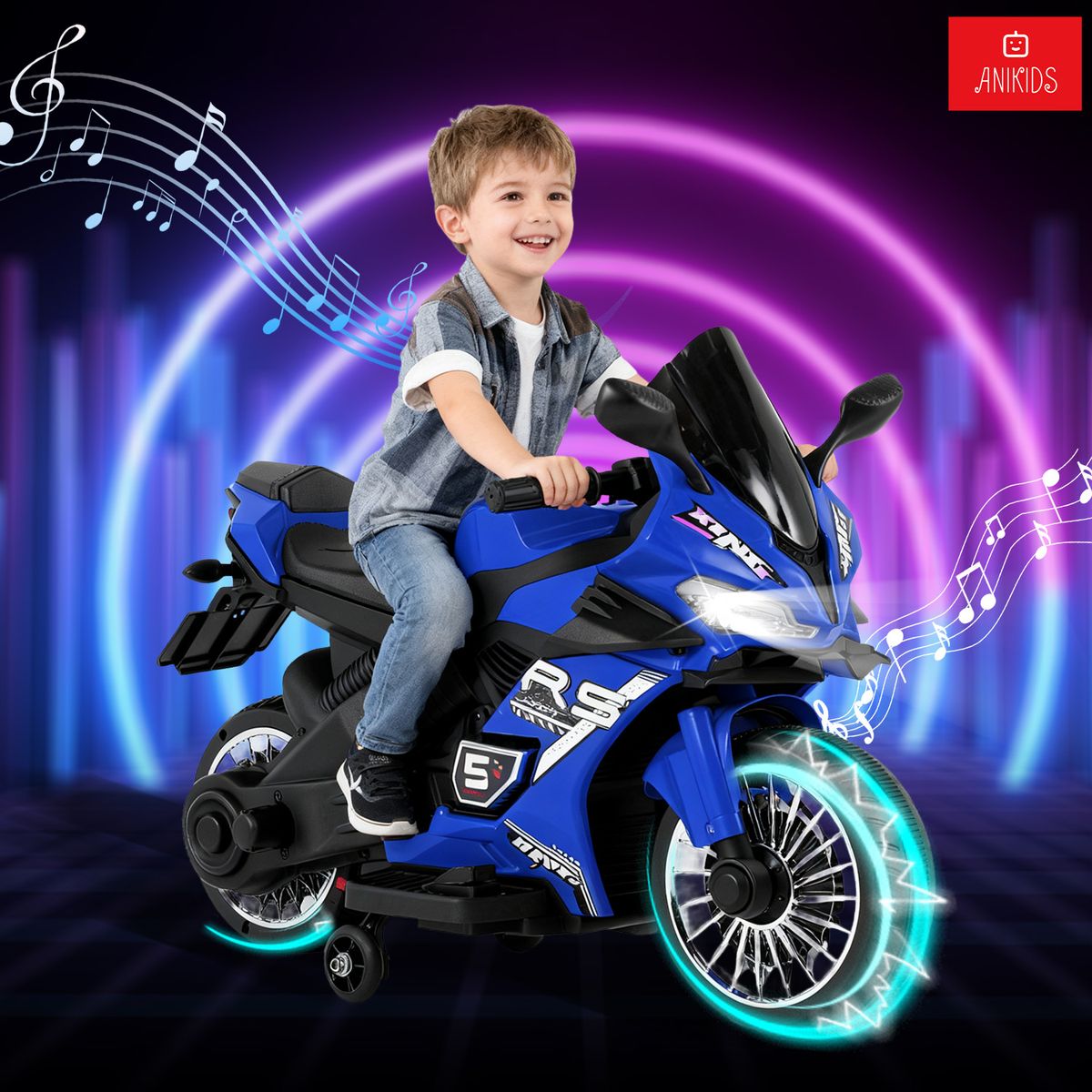 ANIKIDS - Moto Electrico Para Niños Niñas 6v Con 4 Ruedas Luz Música Azul