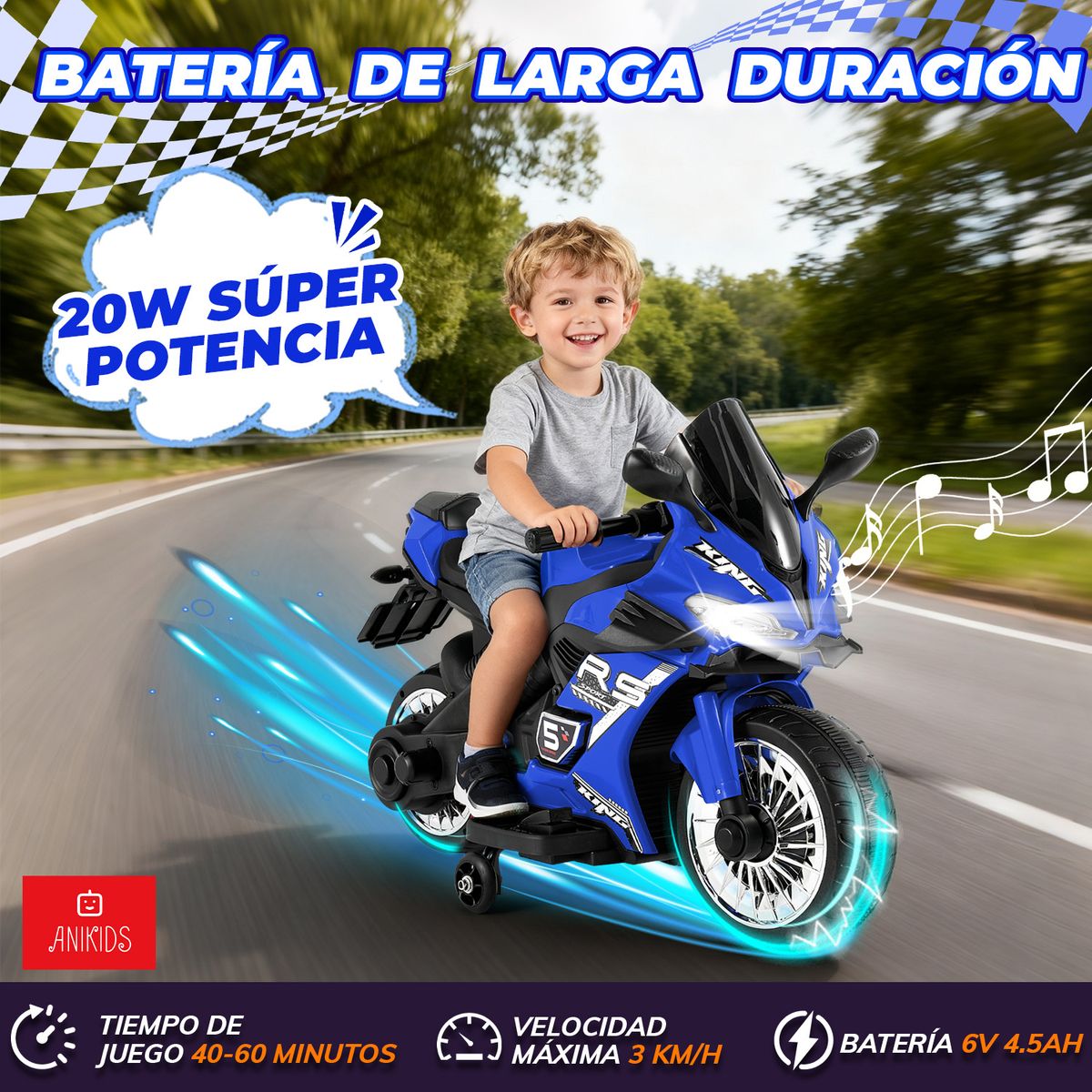 ANIKIDS - Moto Electrico Para Niños Niñas 6v Con 4 Ruedas Luz Música Azul