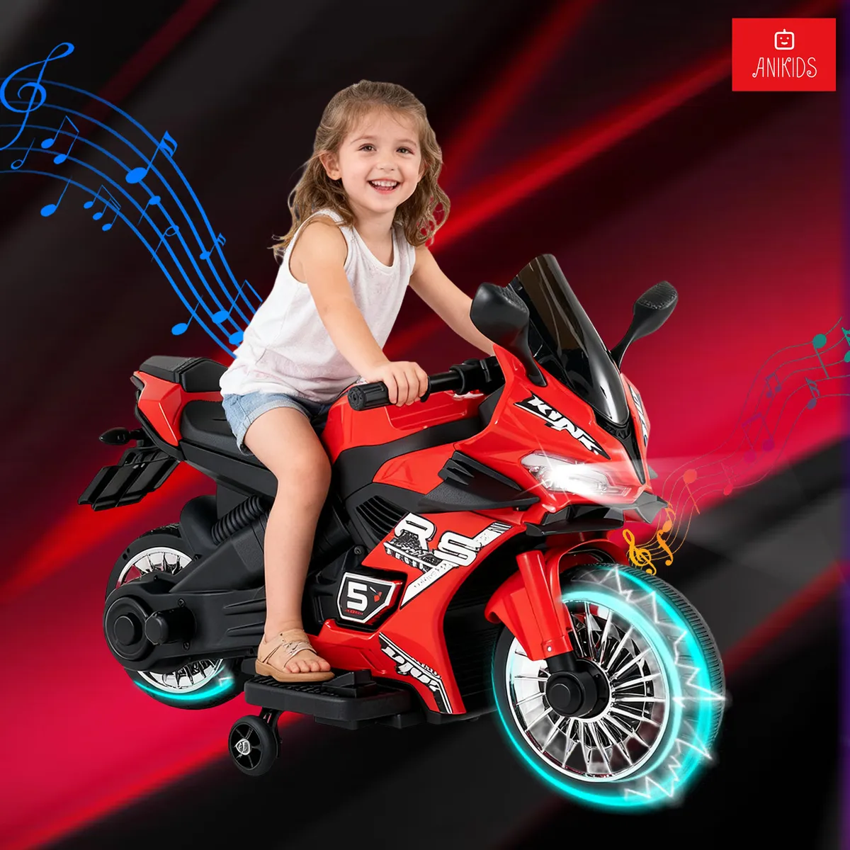 ANIKIDS - Moto Electrico Para Niños Niñas 6v Con 4 Ruedas Luz Música Rojo