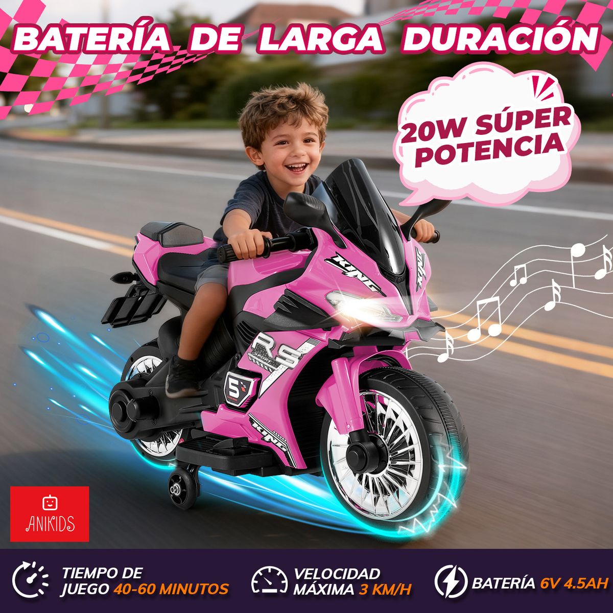 ANIKIDS - Moto Electrico Para Niños Niñas 6v Con 4 Ruedas Luz Música Rosa