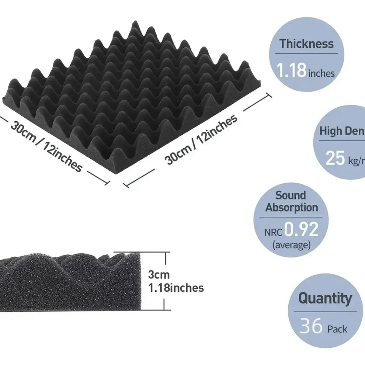 GENERICO - Kit 36 Paneles De Espuma Acustica Alta Densidad,30x30x3cm