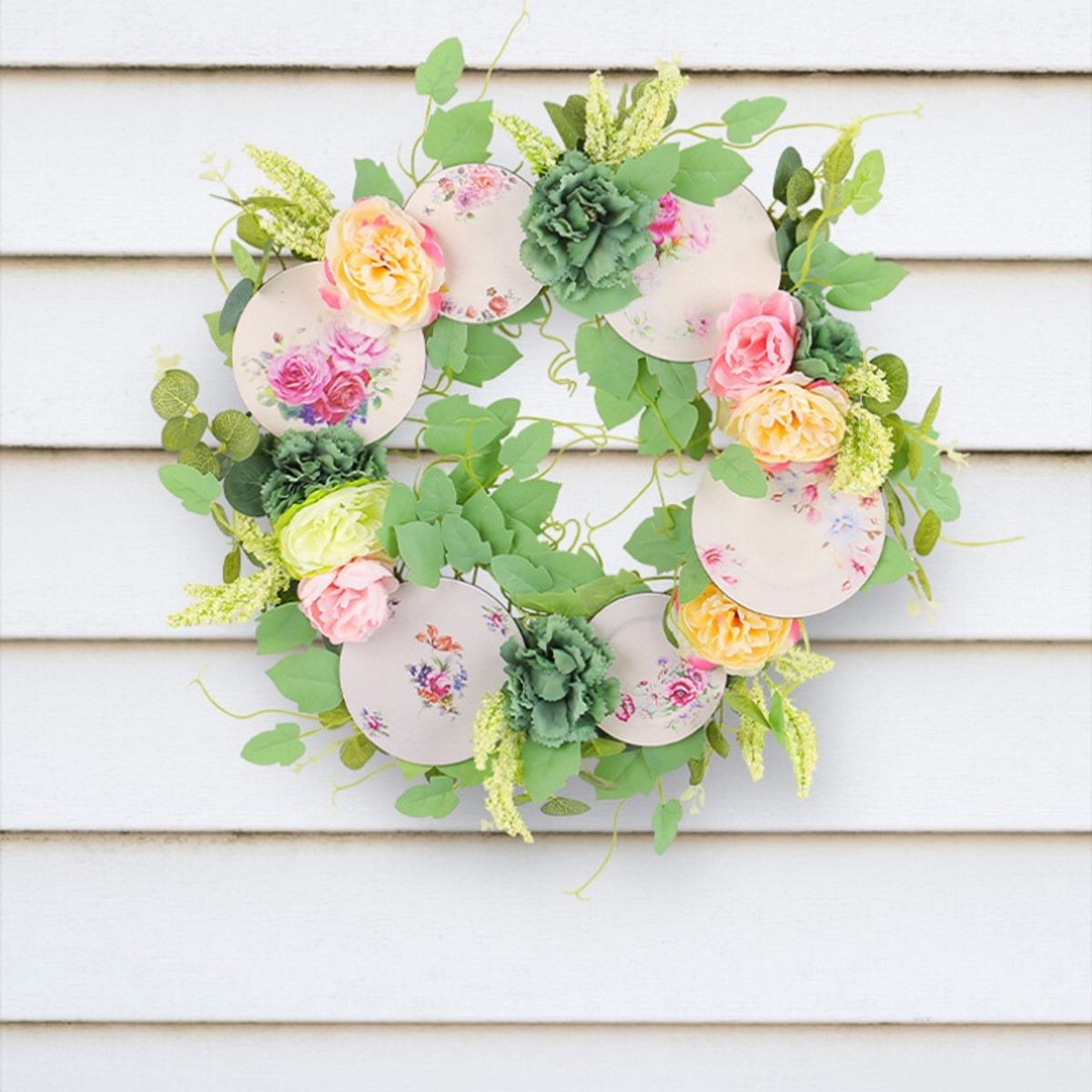 GANGLIAN - Corona Floral Rosa 40cm con Rama Seca y Lazo - Decoración de Puerta para Todo el Año