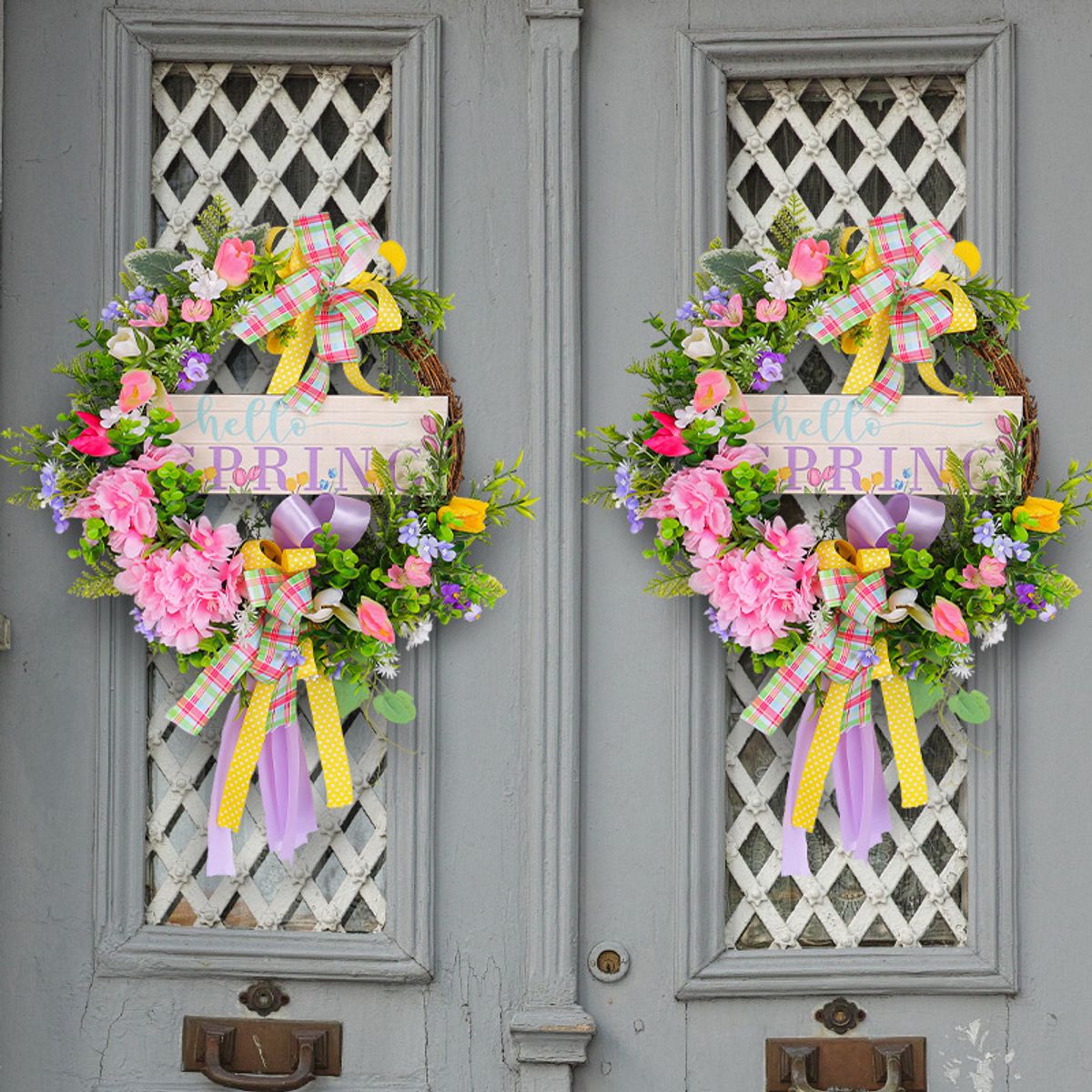 GANGLIAN - Corona con Placa de Madera 40cm Flores Artificiales - Decoración de Pared y Jardín para Todo el Año