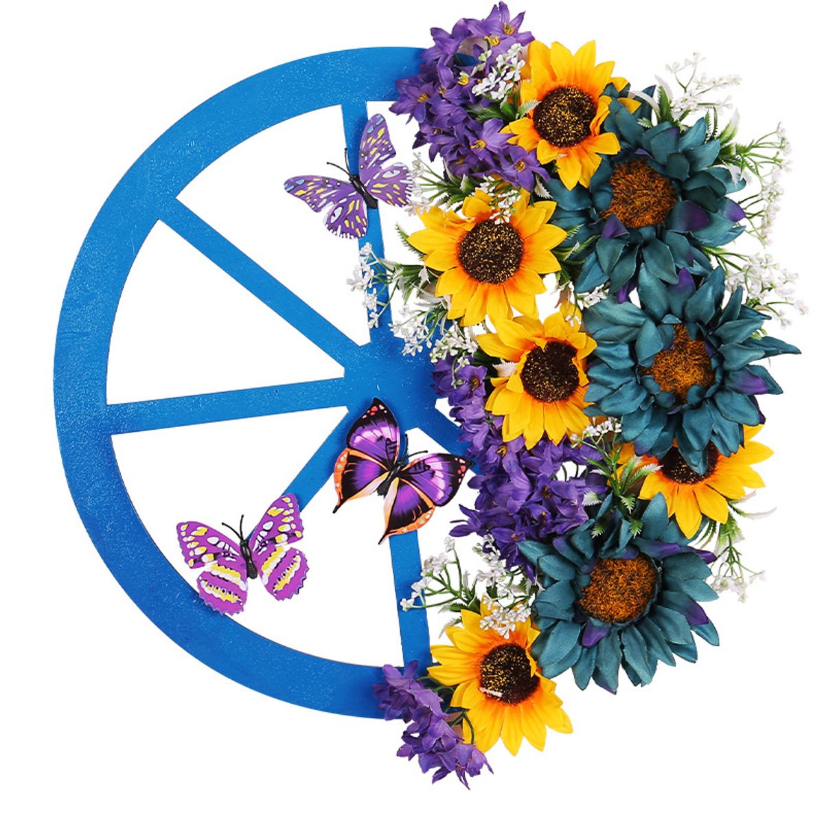 GANGLIAN - Corona Girasoles Azules 40cm con Mariposas y Rueda - Decoración de Jardín y Puerta