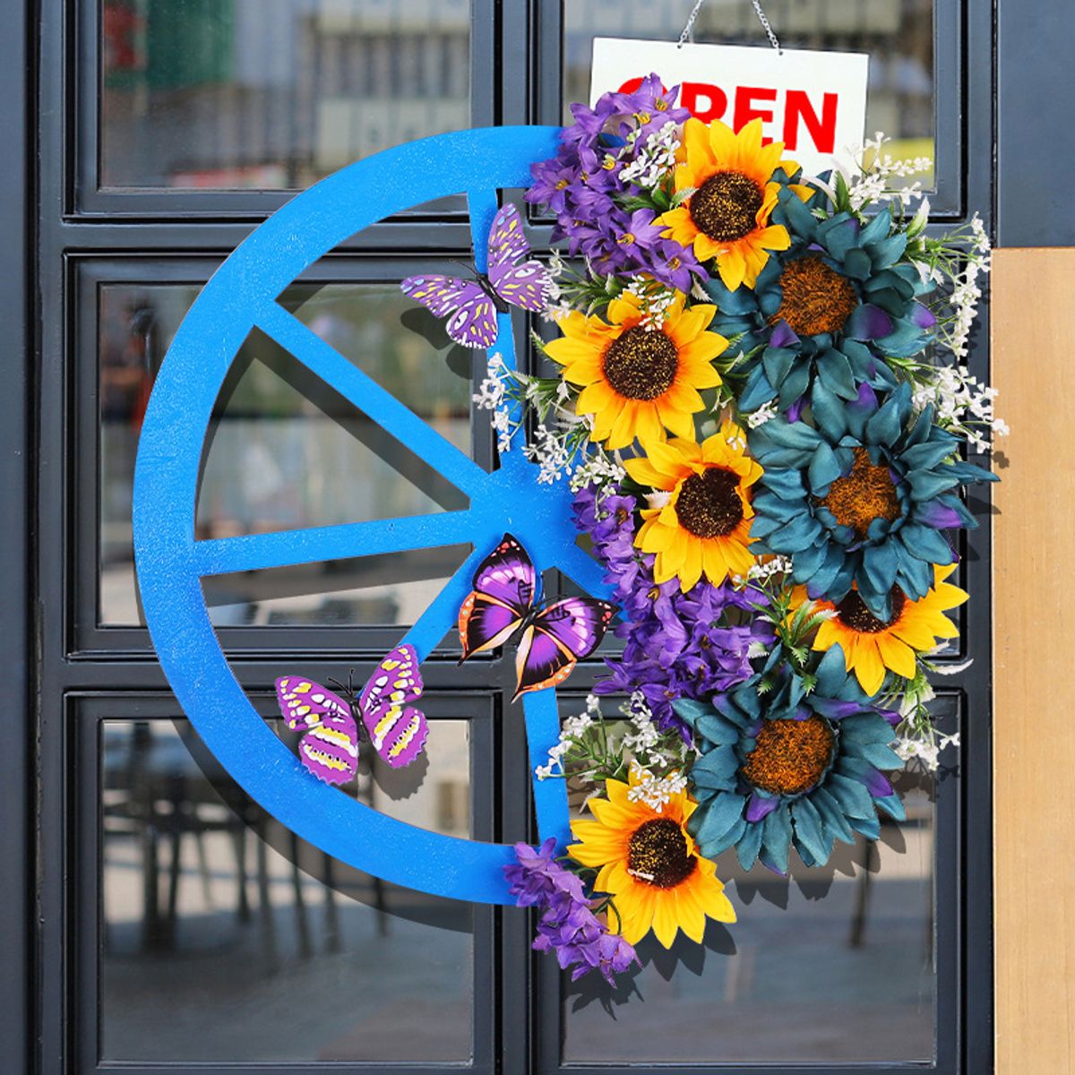 GANGLIAN - Corona Girasoles Azules 40cm con Mariposas y Rueda - Decoración de Jardín y Puerta