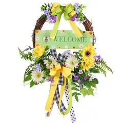 GANGLIAN - Corona Sol 37cm Flores Artificiales con Letrero de Madera - Decoración de Puerta y Granja