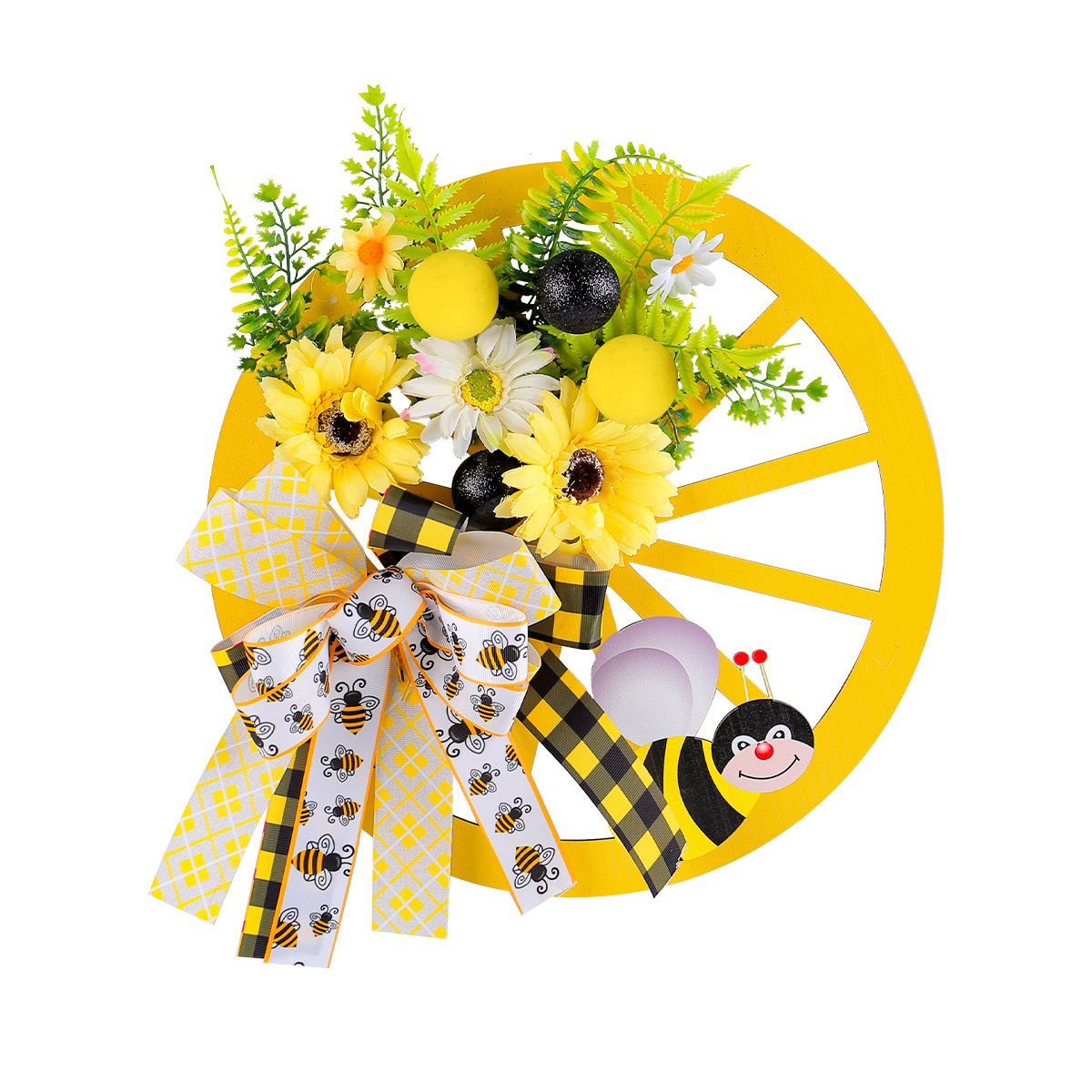 GANGLIAN - Corona Rueda de Carro 35cm con Abejas y Flores - Decoración Rústica para Jardín y Puerta