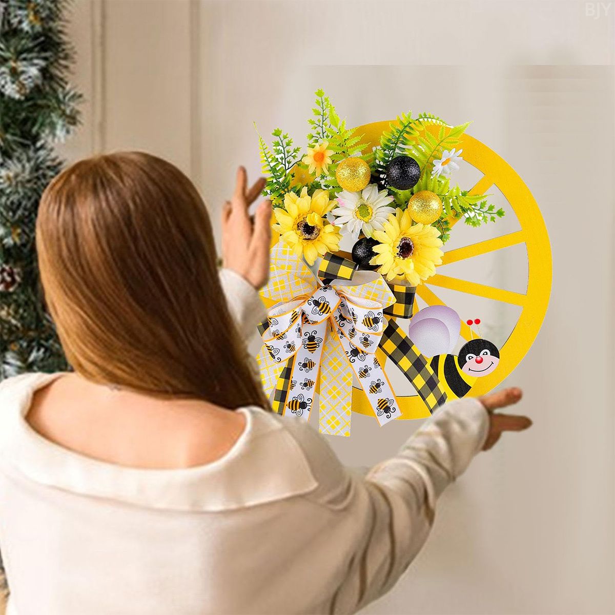 GANGLIAN - Corona Rueda de Carro 35cm con Abejas y Flores - Decoración Rústica para Jardín y Puerta