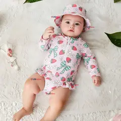JUMP KIDS - Traje de Baño Enterito Manga Larga Con Gorro 2 Piezas Niña de 9 a 36 Meses Flores frutilla