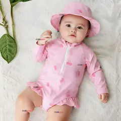 JUMP KIDS - Traje de Baño Enterito Manga Larga Con Gorro 2 Piezas Niña de 9 a 36 Meses Rosado Cereza