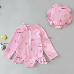 JUMP KIDS - Traje de Baño Enterito Manga Larga Con Gorro 2 Piezas Niña de 9 a 36 Meses Rosado Cereza