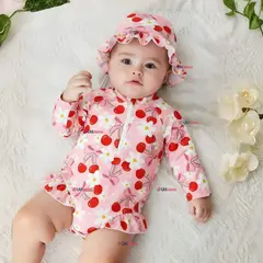 JUMP KIDS - Traje de Baño Enterito Manga Larga Con Gorro 2 Piezas Niña de 9 a 36 Meses Rosado Margarita