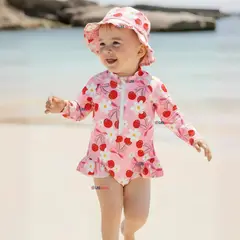 JUMP KIDS - Traje de Baño Enterito Manga Larga Con Gorro 2 Piezas Niña de 9 a 36 Meses Rosado Margarita