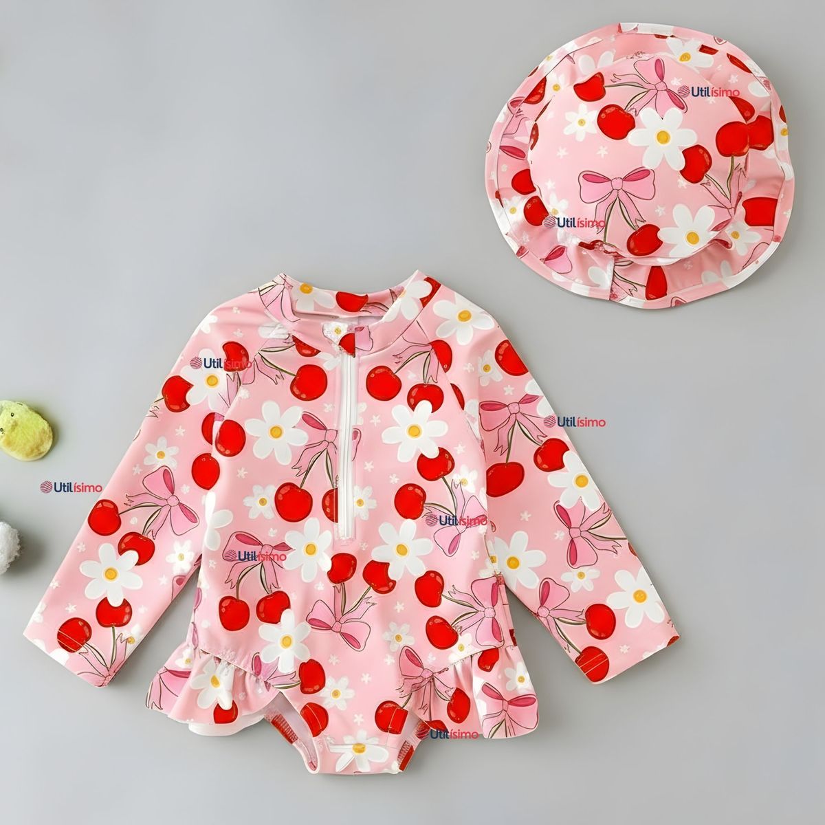 JUMP KIDS - Traje de Baño Enterito Manga Larga Con Gorro 2 Piezas Niña de 9 a 36 Meses Rosado Margarita