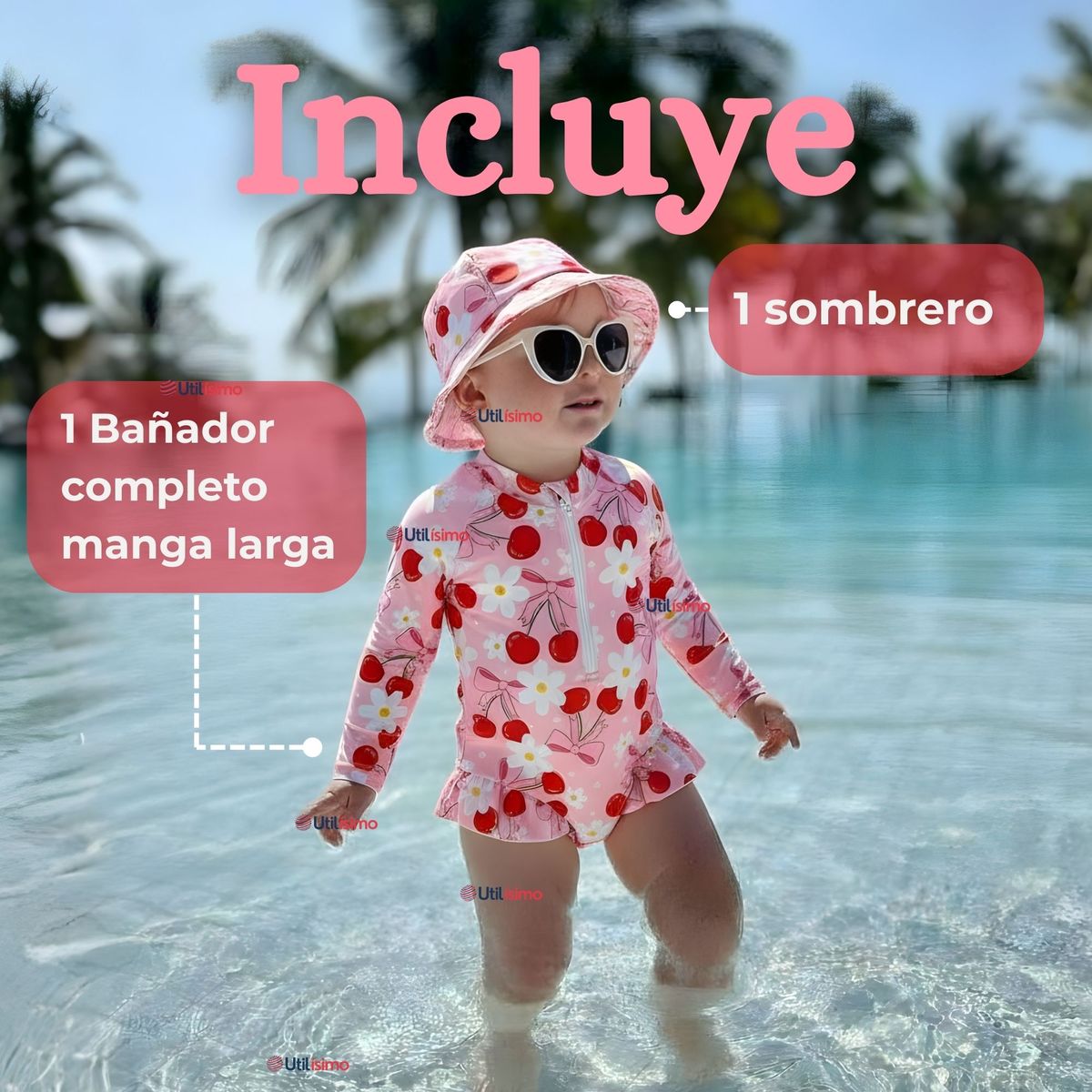 JUMP KIDS - Traje de Baño Enterito Manga Larga Con Gorro 2 Piezas Niña de 9 a 36 Meses Rosado Margarita