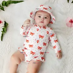 JUMP KIDS - Traje de Baño Enterito Manga Larga Con Gorro 2 Piezas Niña de 9 a 36 Meses Blanco Lazo