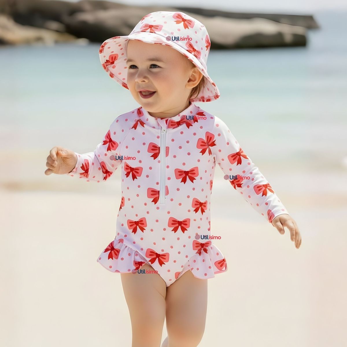 JUMP KIDS - Traje de Baño Enterito Manga Larga Con Gorro 2 Piezas Niña de 9 a 36 Meses Blanco Lazo