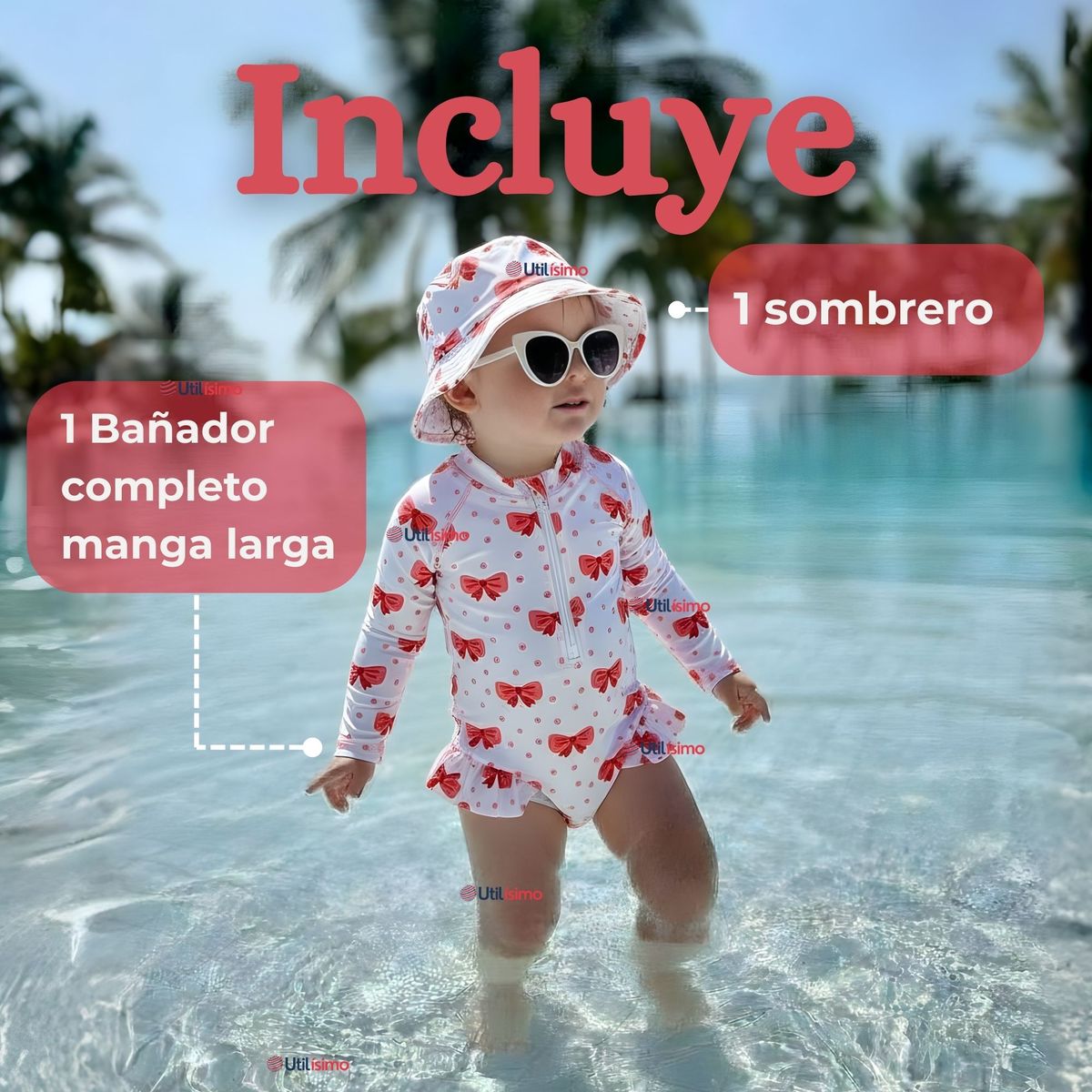 JUMP KIDS - Traje de Baño Enterito Manga Larga Con Gorro 2 Piezas Niña de 9 a 36 Meses Blanco Lazo