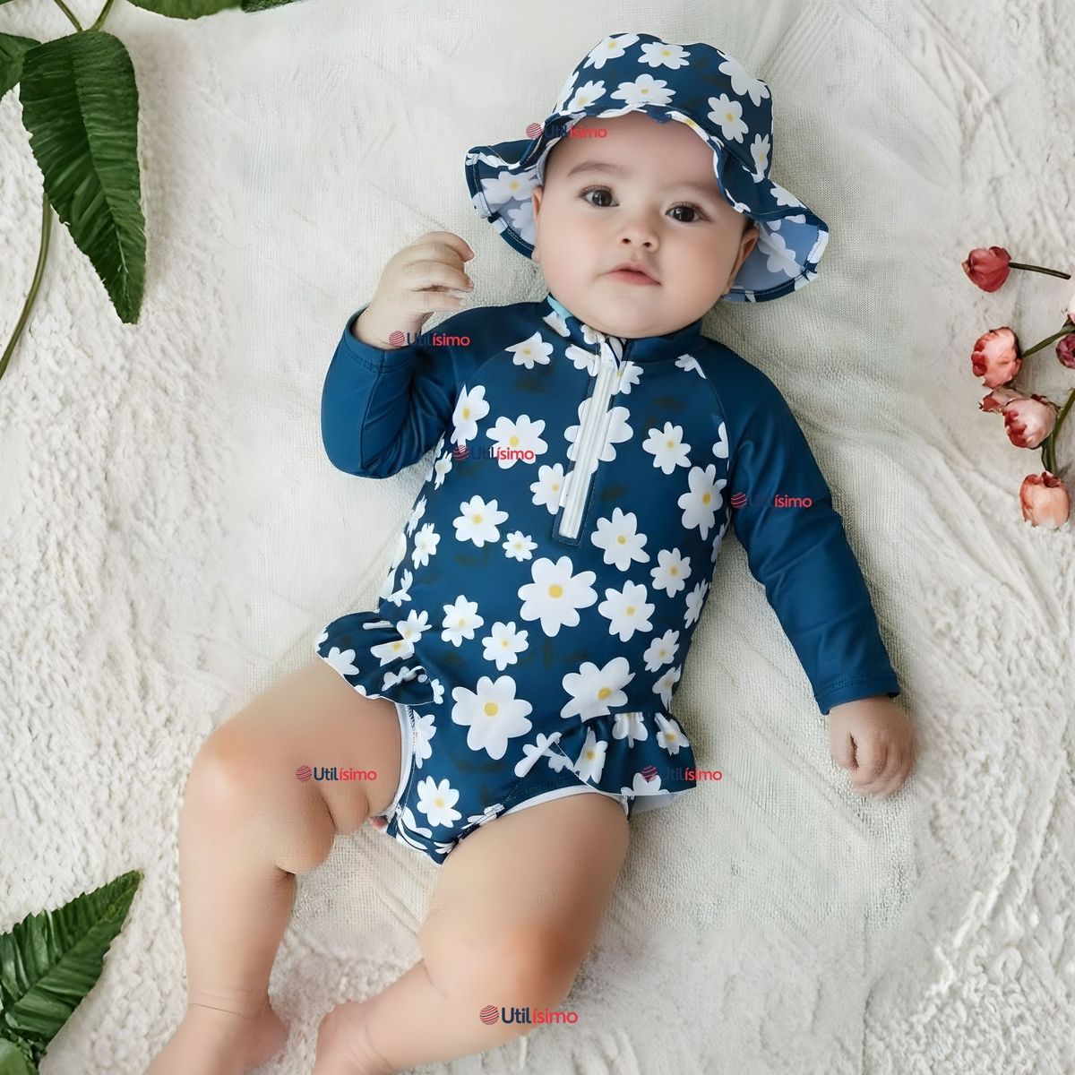JUMP KIDS - Traje de Baño Enterito Manga Larga Con Gorro 2 Piezas Niña de 9 a 36 Meses Azul