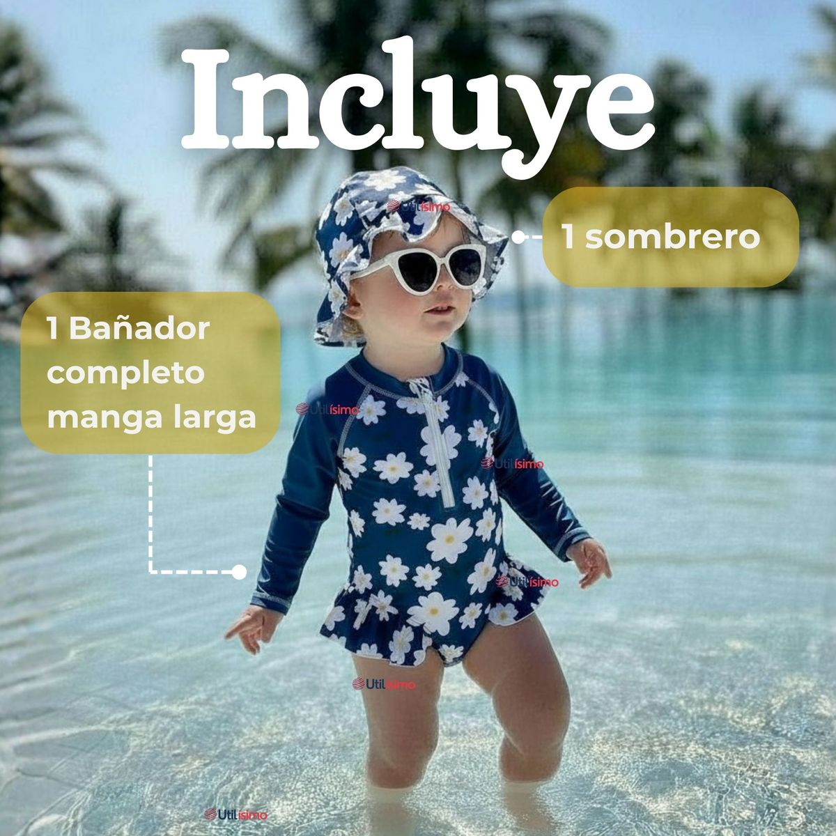 JUMP KIDS - Traje de Baño Enterito Manga Larga Con Gorro 2 Piezas Niña de 9 a 36 Meses Azul