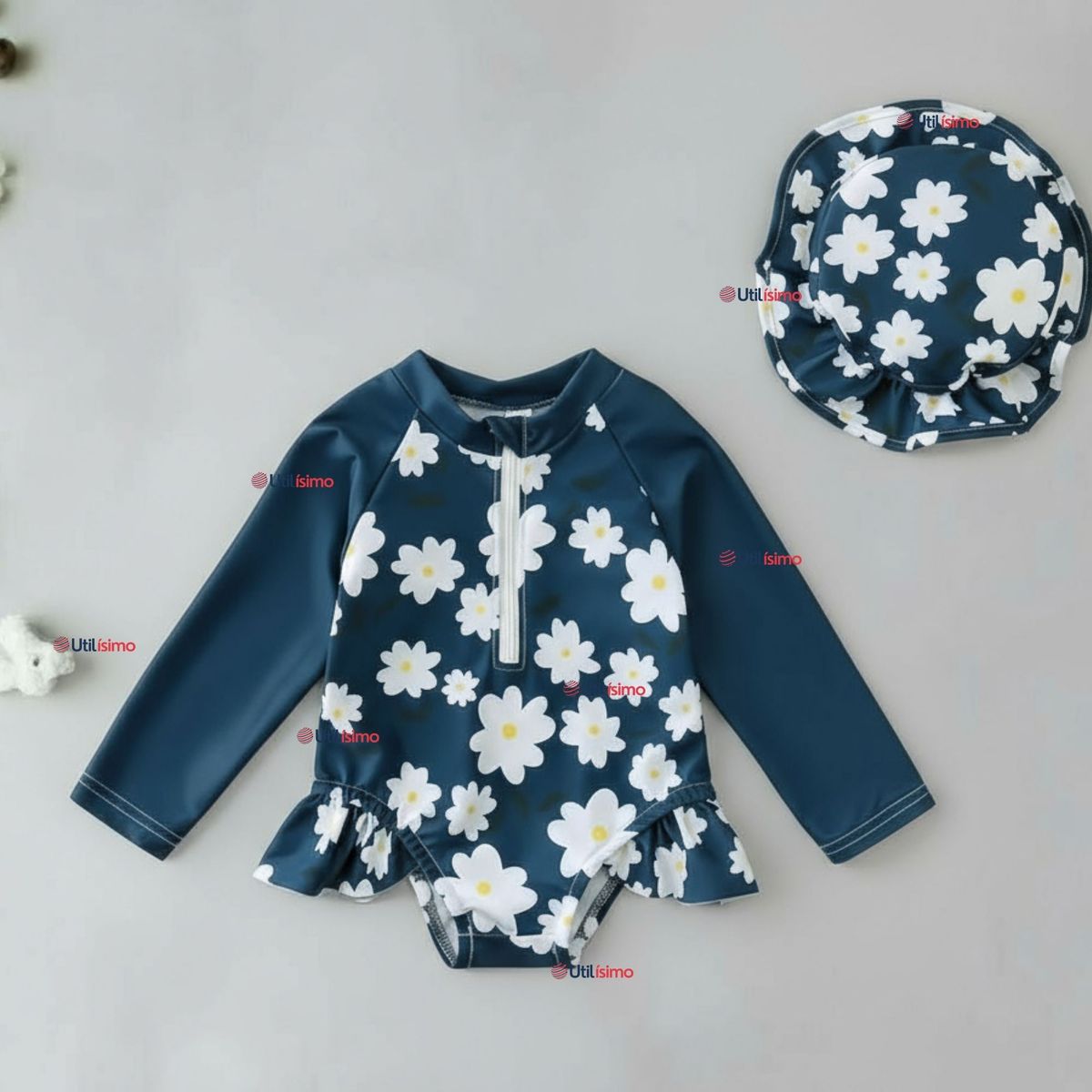 JUMP KIDS - Traje de Baño Enterito Manga Larga Con Gorro 2 Piezas Niña de 9 a 36 Meses Azul
