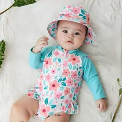 JUMP KIDS - Traje de Baño Enterito Manga Larga Con Gorro 2 Piezas Niña de 9 a 36 Meses Turquesa