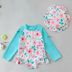 JUMP KIDS - Traje de Baño Enterito Manga Larga Con Gorro 2 Piezas Niña de 9 a 36 Meses Turquesa