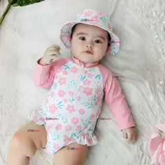 JUMP KIDS - Traje de Baño Enterito Manga Larga Con Gorro 2 Piezas Niña de 9 a 36 Meses Rosa