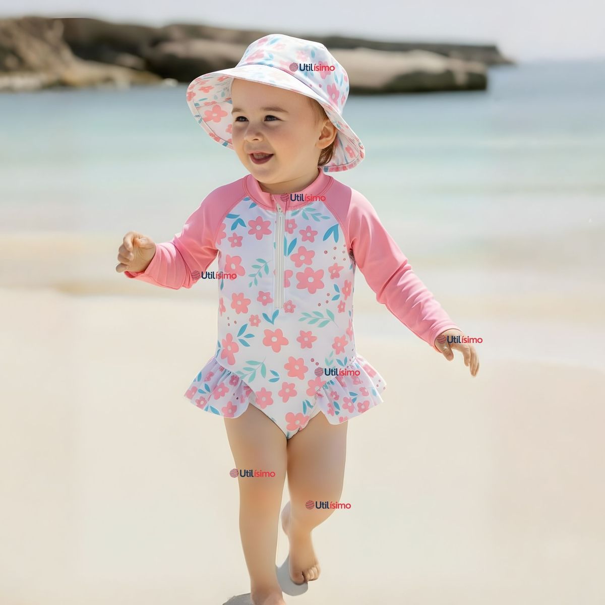 JUMP KIDS - Traje de Baño Enterito Manga Larga Con Gorro 2 Piezas Niña de 9 a 36 Meses Rosa